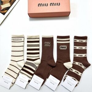 Miu Miu Brown & Cream Mixed-Pattern Crew Socks - 5 Pairs